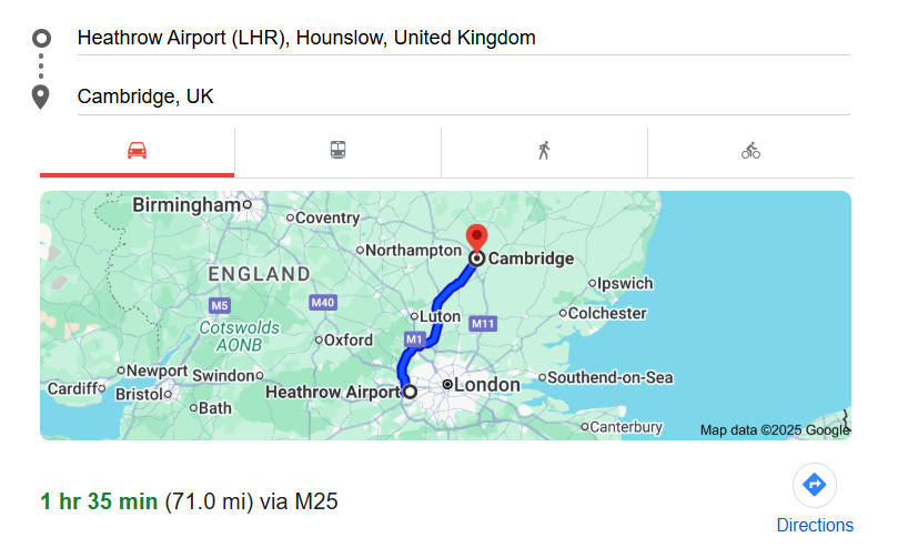 Heathrow to Cambridge Route Overview